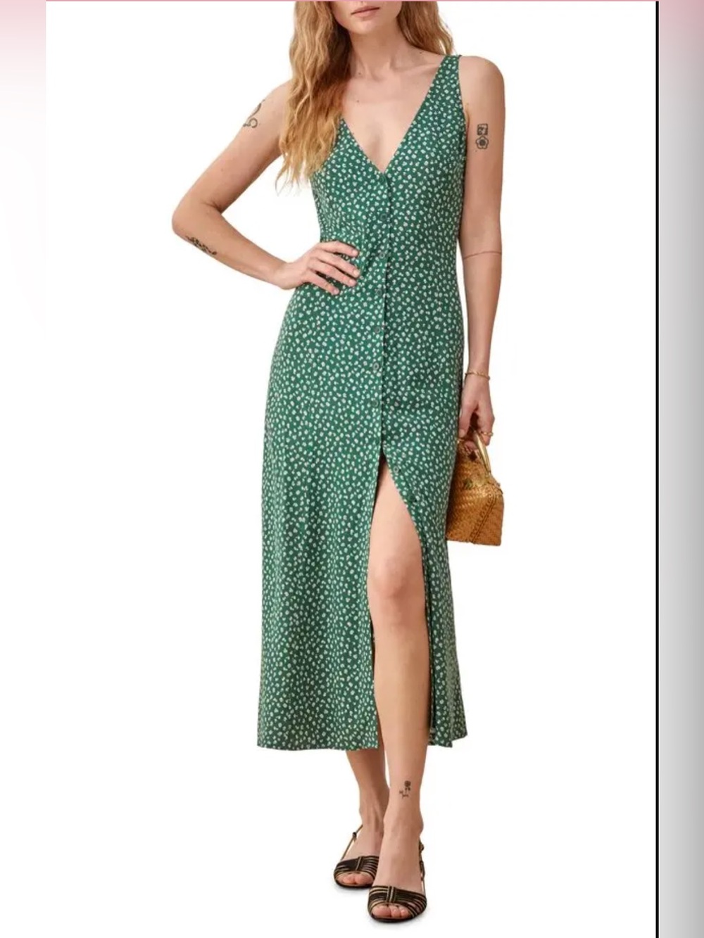 Reformation - Sleeveless Midi Dress in Luke - Green Floral - Women’s Size 0